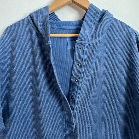 Aerie Oversized Textured Henley Hoodie Blue Pullover - Picture 6 of 15